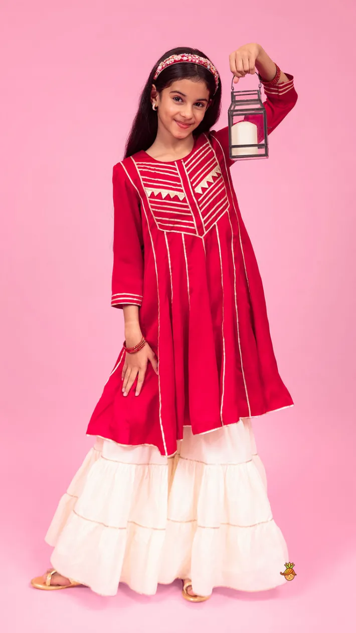 Best Maroon Gota Lace Work Kurti With Tiered Sharara Ethnic Wear | Palazzos & Shararas