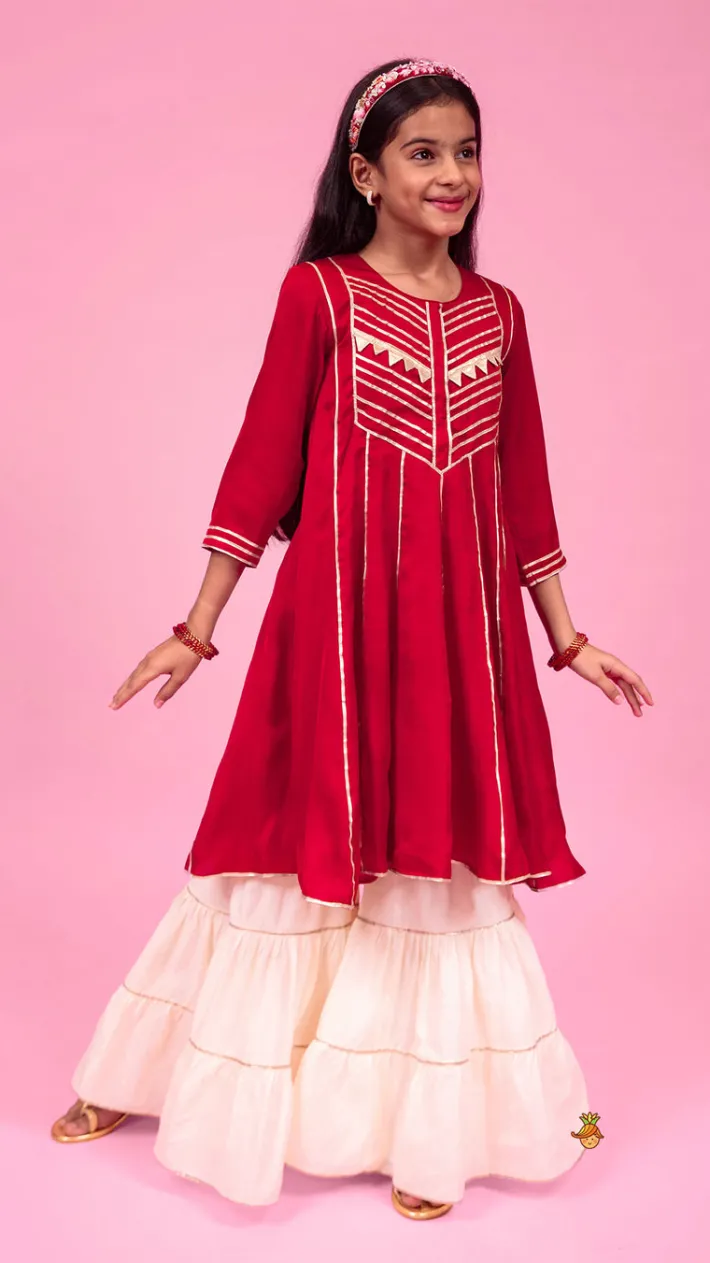 Best Maroon Gota Lace Work Kurti With Tiered Sharara Ethnic Wear | Palazzos & Shararas