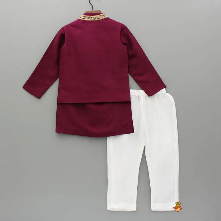 Fashion Maroon Kurta With Embroidered Jacket And Pyjama BOY Indian Ethnic Wear | Ethnic Sets