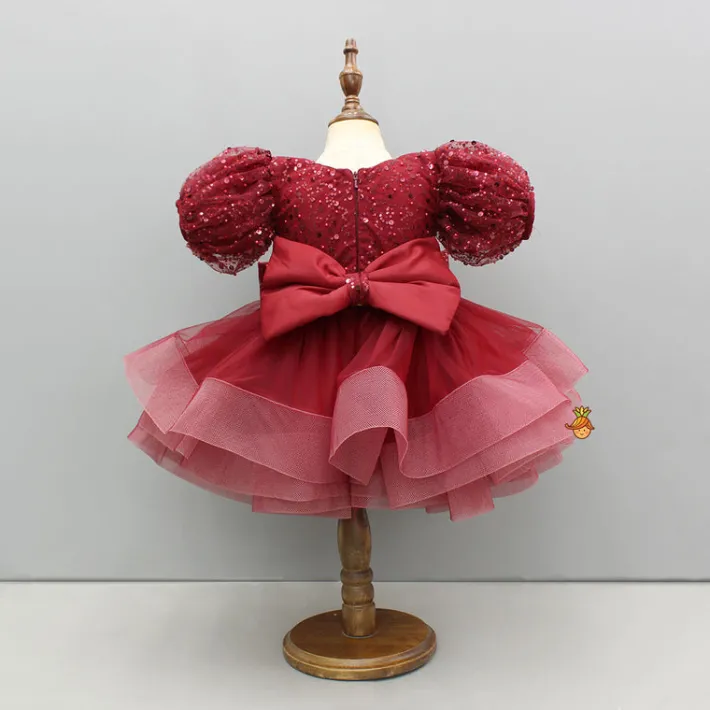 New Maroon Sequined Ruffled Dress With Bows And Matching Swirled Bow Hairclip Dresses & Sets | Dresses