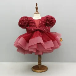 New Maroon Sequined Ruffled Dress With Bows And Matching Swirled Bow Hairclip Dresses & Sets | Dresses