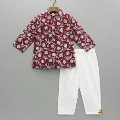 Clearance Maroon Summer Block Print Kurta And Pyjama BOY Indian Ethnic Wear | Ethnic Sets