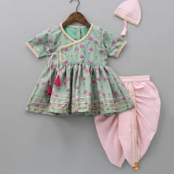 Hot Mint Green Angarkha Style Top And Gota Lace Detailed Baby Pink Dhoti With Matching Mukut Ethnic Wear | Dhotis & Patialas