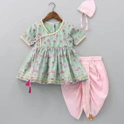 Best Mint Green Angarkha Style Top And Gota Lace Detailed Baby Pink Dhoti With Matching Mukut Ethnic Wear | Dhotis & Patialas