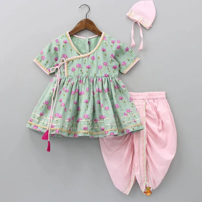 Best Mint Green Angarkha Style Top And Gota Lace Detailed Baby Pink Dhoti With Matching Mukut Ethnic Wear | Dhotis & Patialas