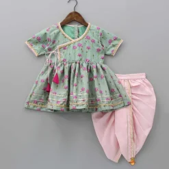 Hot Mint Green Angarkha Style Top And Gota Lace Detailed Baby Pink Dhoti With Matching Mukut Ethnic Wear | Dhotis & Patialas