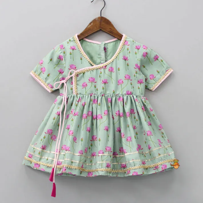 Best Mint Green Angarkha Style Top And Gota Lace Detailed Baby Pink Dhoti With Matching Mukut Ethnic Wear | Dhotis & Patialas