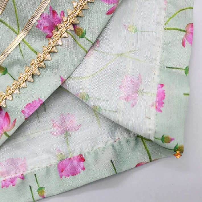 Best Mint Green Angarkha Style Top And Gota Lace Detailed Baby Pink Dhoti With Matching Mukut Ethnic Wear | Dhotis & Patialas