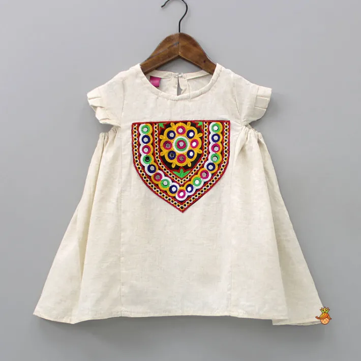 Clearance Mirror Work Beige Short Kurti Ethnic Wear | Kurtis & Jumpsuits