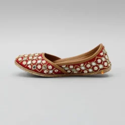 Discount Mirror Work Crimson Red Pearly Floral Jutti Shoes