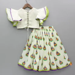 Online Morpankh Print Frill Top And Ghagra With Dupatta Ethnic Wear | Lehengas & Ghagras