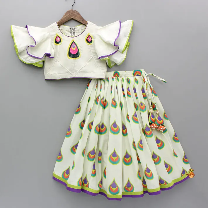 Online Morpankh Print Frill Top And Ghagra With Dupatta Ethnic Wear | Lehengas & Ghagras