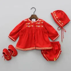 Outlet Multi Colour Bird Embroidered Jamna With Matching Cap And Booties Twinning Sets | Baby Essentials