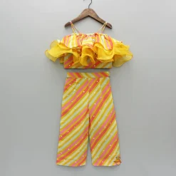 Discount Multicolor Striped Printed Embroidered Strappy Ruffle Detail Cape Top With Inner And Palazzo Ethnic Wear | Palazzos & Shararas