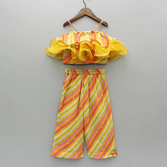 Discount Multicolor Striped Printed Embroidered Strappy Ruffle Detail Cape Top With Inner And Palazzo Ethnic Wear | Palazzos & Shararas