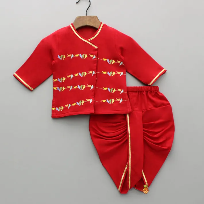 New Multicolour Bird Embroidered Kurta And Dhoti With Matching Cap And Booties BOY Twinning Sets | Baby Essentials