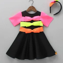 Fashion Multicolour Bow Scuba Dress With Matching Hairband Dresses & Sets | Dresses