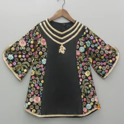 Hot Multicolour Embroidered Black Kurti With Pant And Dupatta Twinning Sets | Ethnic Wear