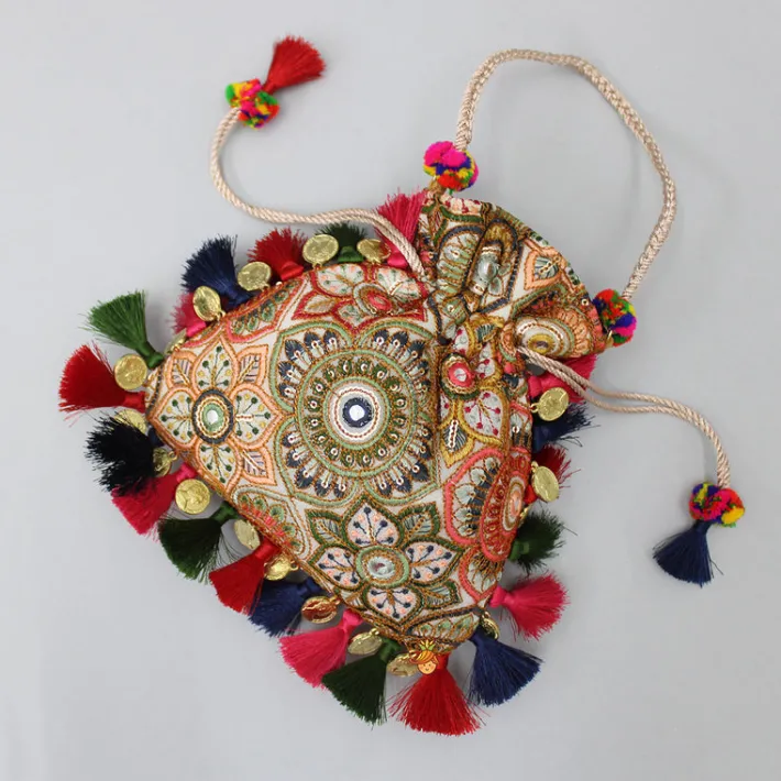 Fashion Multicolour Embroidered Fringed Tassels Detailed Potli Bag Bags