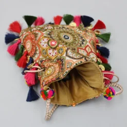 Fashion Multicolour Embroidered Fringed Tassels Detailed Potli Bag Bags