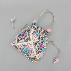 Hot Multicolour Embroidered Pom Pom Tassels Detailed Potli Bag Bags
