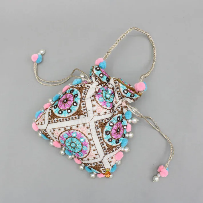 Hot Multicolour Embroidered Pom Pom Tassels Detailed Potli Bag Bags