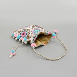 Hot Multicolour Embroidered Pom Pom Tassels Detailed Potli Bag Bags