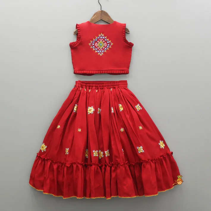 New Multicolour Embroidered Red Top And Lehenga Ethnic Wear | Lehengas & Ghagras