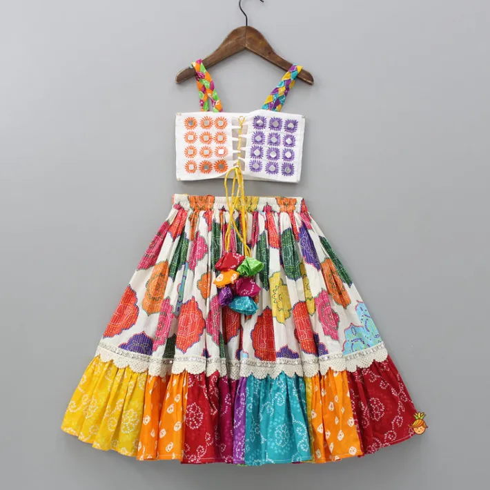 Sale Multicolour Embroidered Strappy Top And Printed Lehenga With Dupatta Ethnic Wear | Lehengas & Ghagras