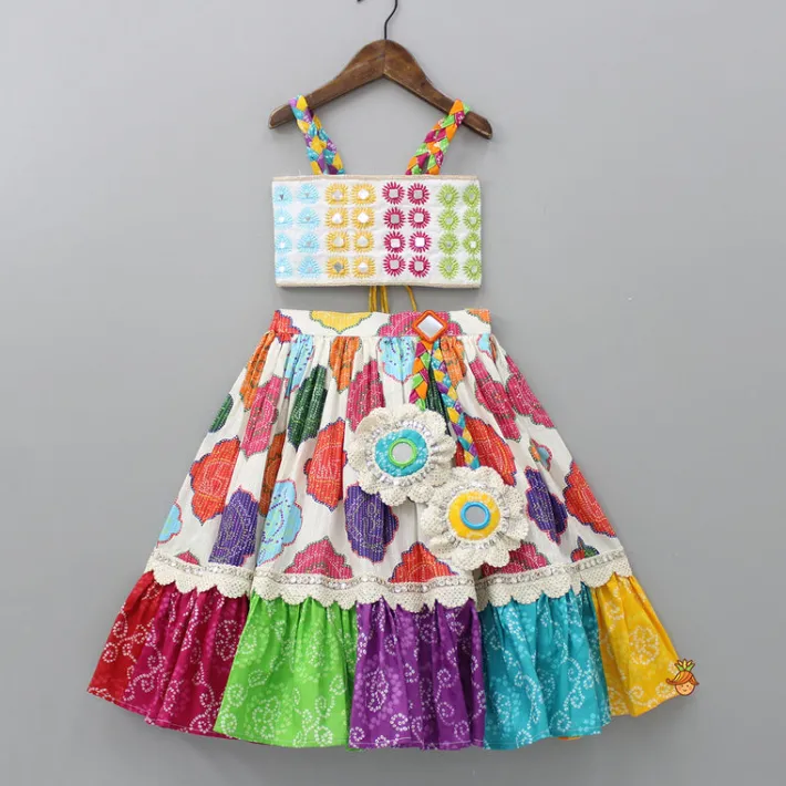 Sale Multicolour Embroidered Strappy Top And Printed Lehenga With Dupatta Ethnic Wear | Lehengas & Ghagras