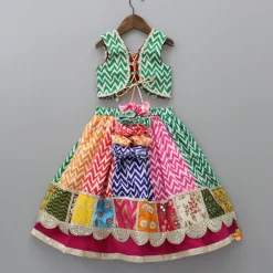 New Multicolour Embroidered Top And Printed Layered Lehenga With Net Dupatta Ethnic Wear | Lehengas & Ghagras