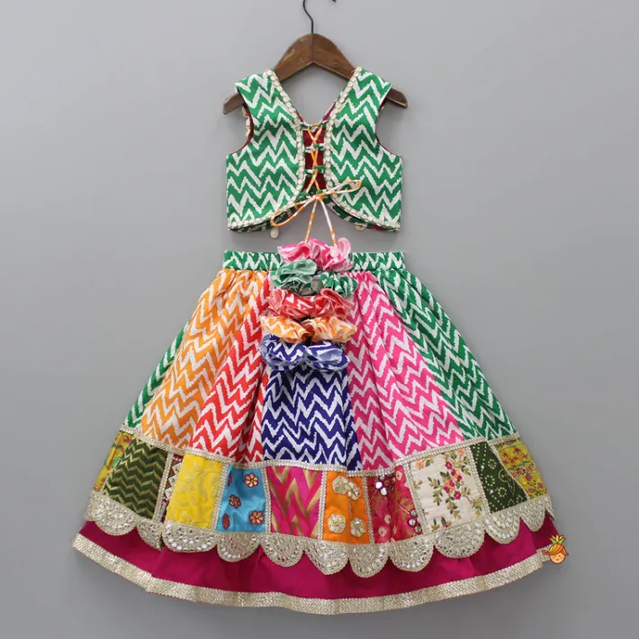 New Multicolour Embroidered Top And Printed Layered Lehenga With Net Dupatta Ethnic Wear | Lehengas & Ghagras