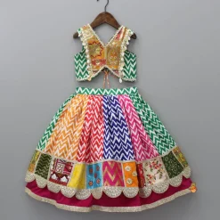 New Multicolour Embroidered Top And Printed Layered Lehenga With Net Dupatta Ethnic Wear | Lehengas & Ghagras