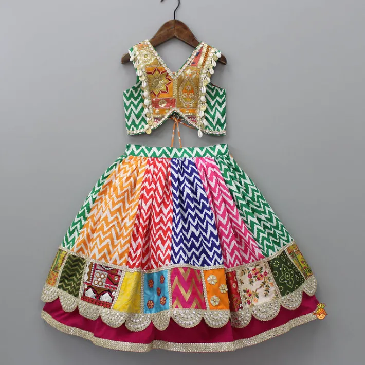 New Multicolour Embroidered Top And Printed Layered Lehenga With Net Dupatta Ethnic Wear | Lehengas & Ghagras