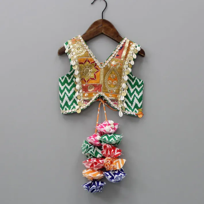 New Multicolour Embroidered Top And Printed Layered Lehenga With Net Dupatta Ethnic Wear | Lehengas & Ghagras