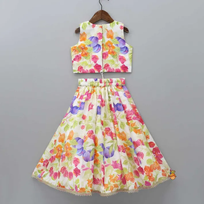 Clearance Multicolour Floral Printed Top And Lehenga With Net Dupatta Twinning Sets | Ethnic Wear