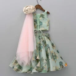 Discount Multicolour Floral Printed Tie Up Top With Lehenga And Net Dupatta Ethnic Wear | Lehengas & Ghagras