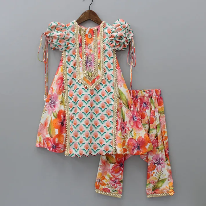 Sale Multicolour Floral Printed Embroidered Kurti And Salwar With Matching Dupatta Ethnic Wear | Churidars & Salwars