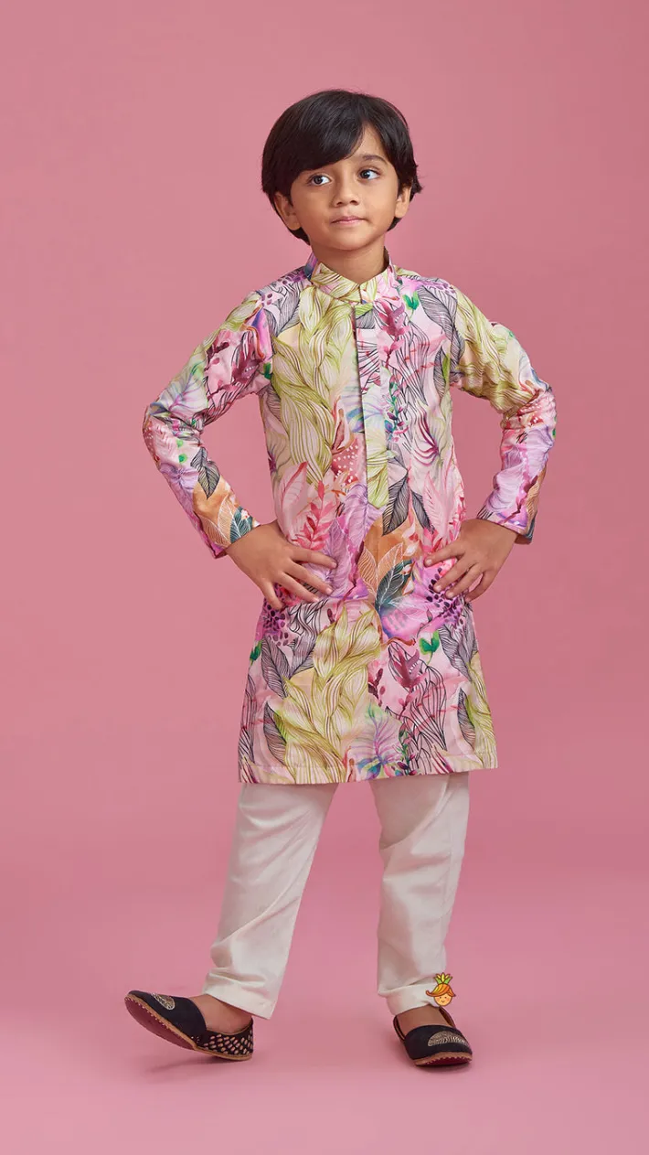 Online Multicolour Leaf Printed Peach Ethnic Kurta And Churidar BOY Indian Ethnic Wear | Ethnic Sets