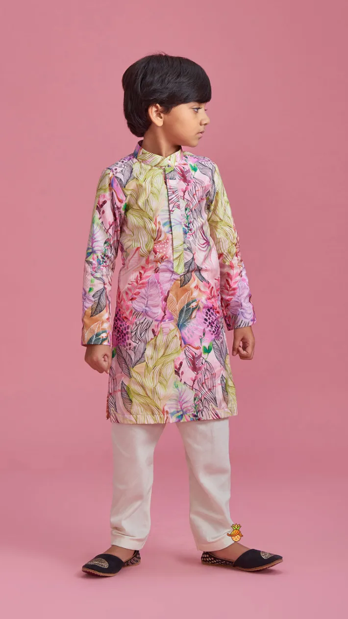 Online Multicolour Leaf Printed Peach Ethnic Kurta And Churidar BOY Indian Ethnic Wear | Ethnic Sets