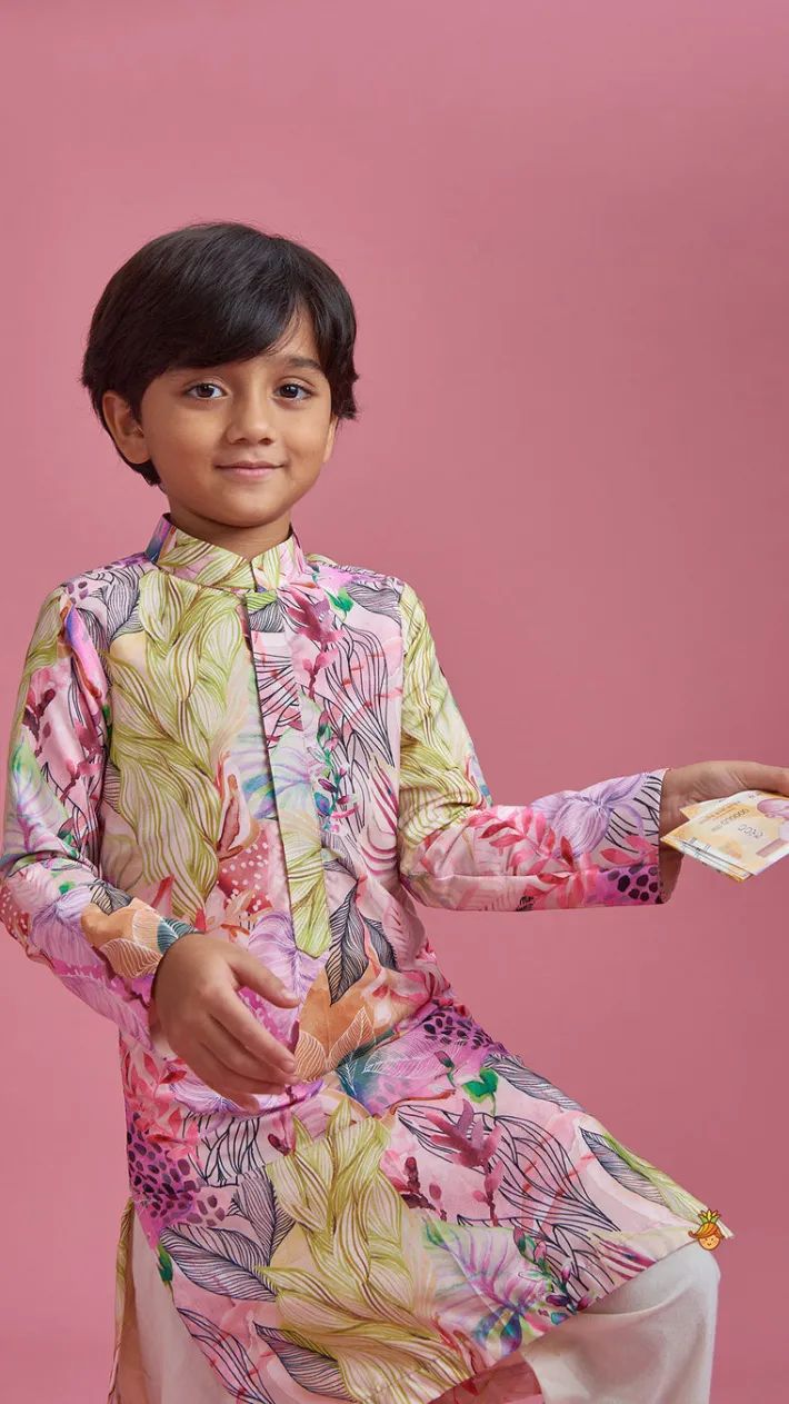 Online Multicolour Leaf Printed Peach Ethnic Kurta And Churidar BOY Indian Ethnic Wear | Ethnic Sets