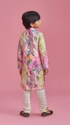 Online Multicolour Leaf Printed Peach Ethnic Kurta And Churidar BOY Indian Ethnic Wear | Ethnic Sets