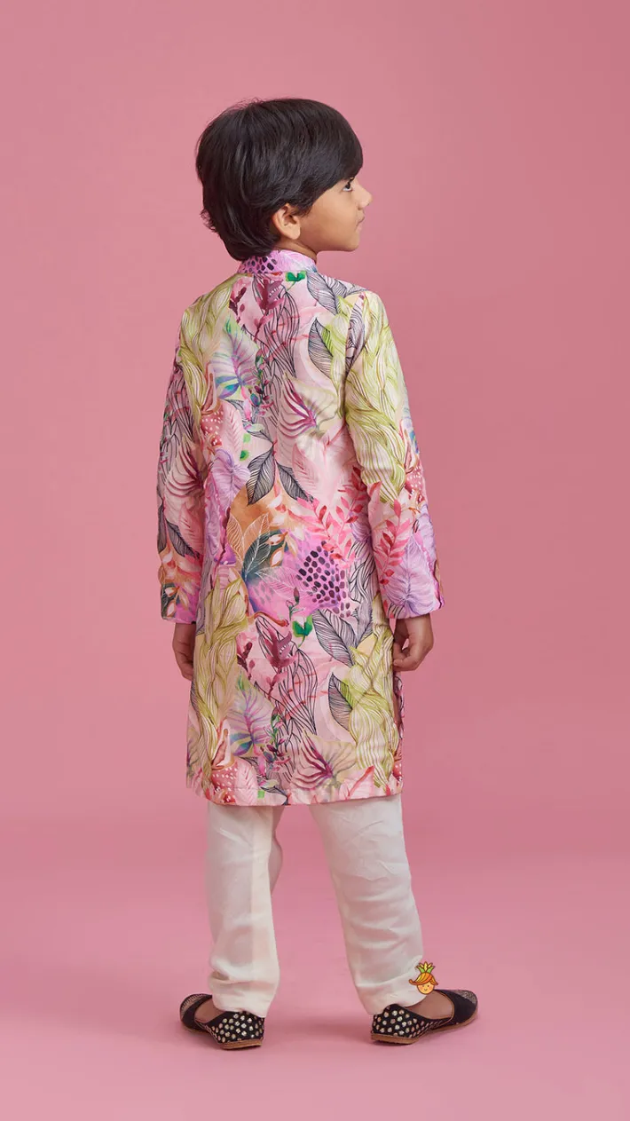 Online Multicolour Leaf Printed Peach Ethnic Kurta And Churidar BOY Indian Ethnic Wear | Ethnic Sets