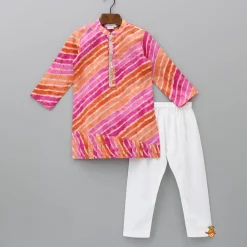 Clearance Multicolour Leheriya Printed Kurta With Pleated Hem And Pyjama BOY Indian Ethnic Wear | Ethnic Sets