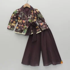 Hot Multicolour Printed Jacket Style Peplum Top And Flared Palazzo Ethnic Wear | Palazzos & Shararas