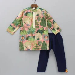 Fashion Multicolour Printed Kurta With Sequins Embellished Panel And Blue Pyjama BOY Indian Ethnic Wear | Ethnic Sets