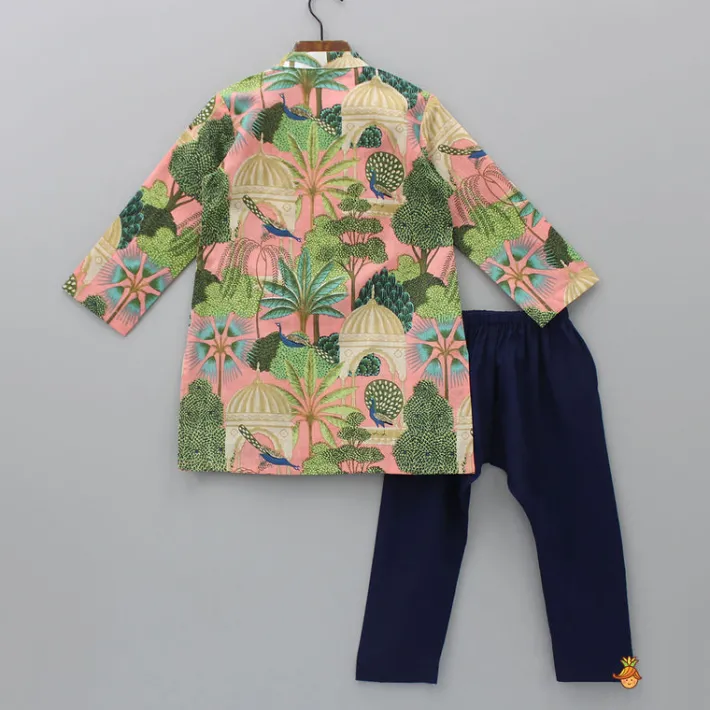 Fashion Multicolour Printed Kurta With Sequins Embellished Panel And Blue Pyjama BOY Indian Ethnic Wear | Ethnic Sets