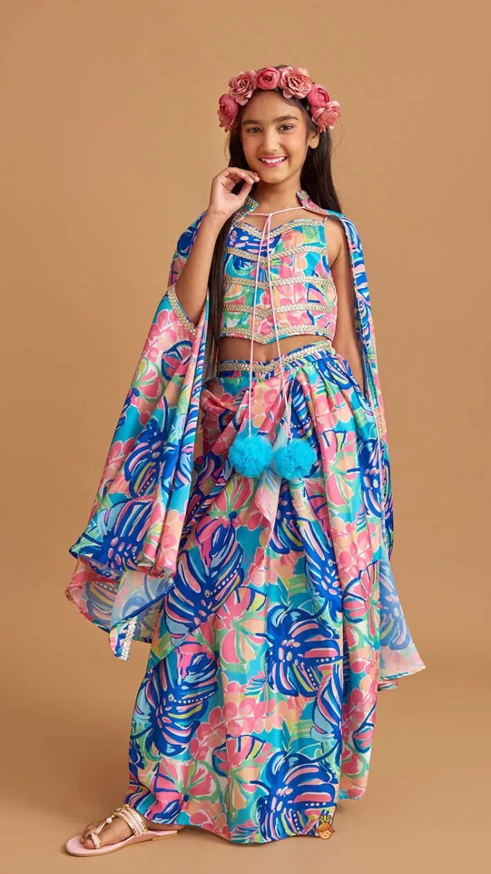 Online Multicolour Printed Lace Work Top With Cape And Dhoti Style Skirt Ethnic Wear | Dhotis & Patialas