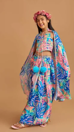 Online Multicolour Printed Lace Work Top With Cape And Dhoti Style Skirt Ethnic Wear | Dhotis & Patialas