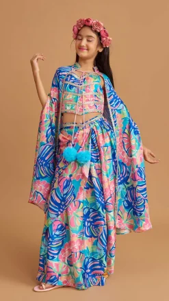 Online Multicolour Printed Lace Work Top With Cape And Dhoti Style Skirt Ethnic Wear | Dhotis & Patialas